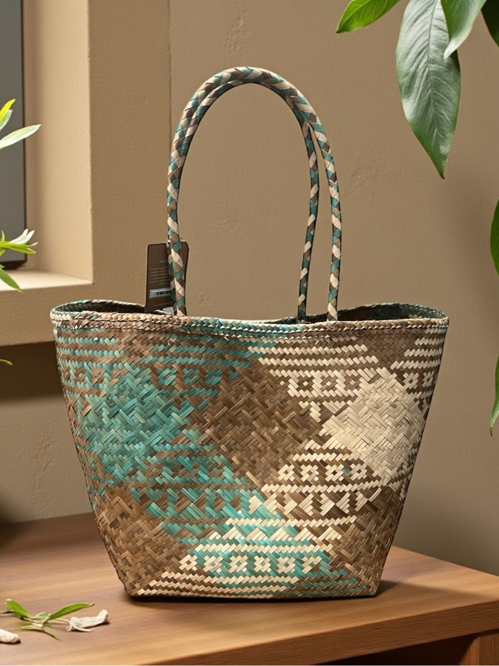 Woven Straw Tote with Teal Accents and Scarf Detail